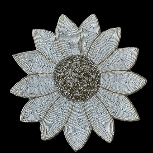 TAHARI HOME Glass Hand Beaded Charger Placemat 15in White Silver Floral NEW - Picture 12 of 14